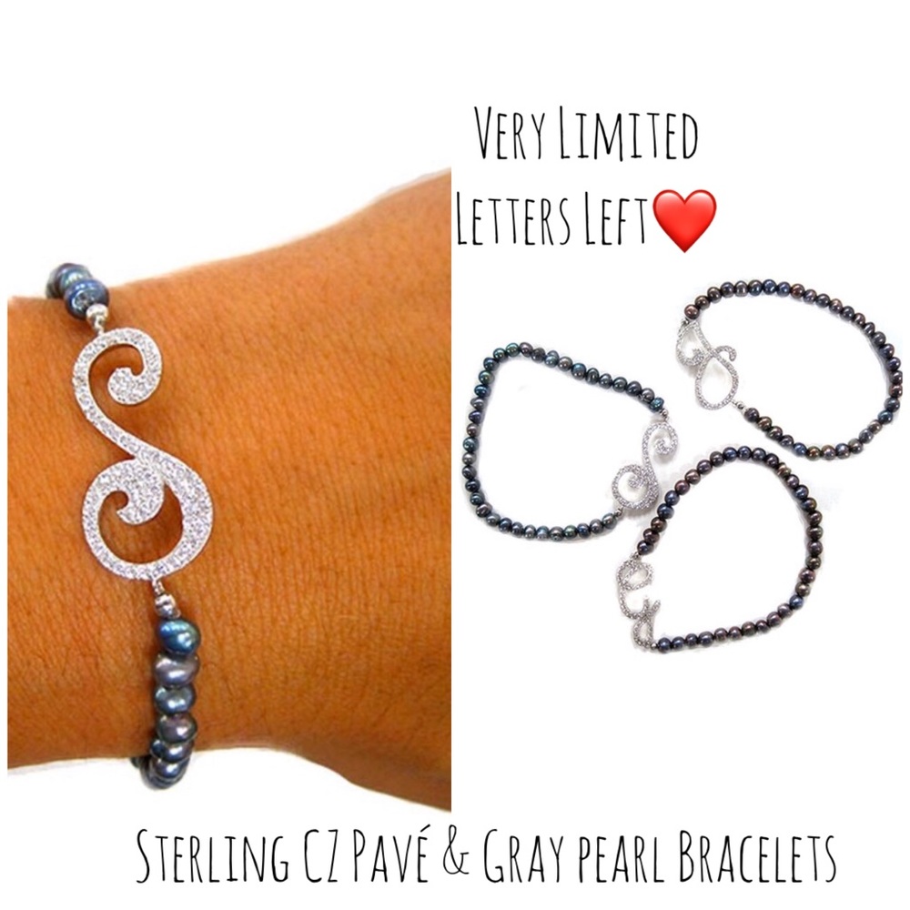 Sterling CZ Pavé initial Gray Pearl Bracelet,NWT